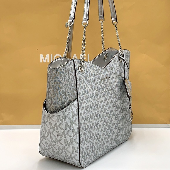 MICHAEL KORS JET SET LARGE X CHAIN SHOULDER TOTE SILVER SIGNATURE COLOR - Picture 4 of 16
